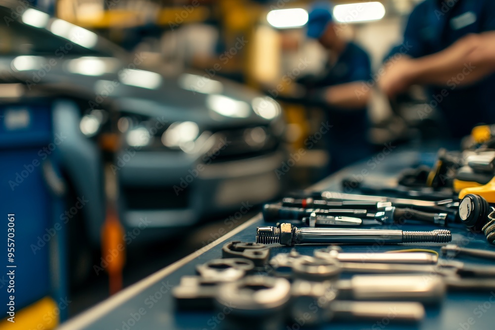 Aufkleber close up of tools on counter with auto mechanic working under car in service shop setting