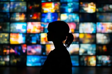 Silhouette of a person against abstract screens showcasing digital media and modern multitasking