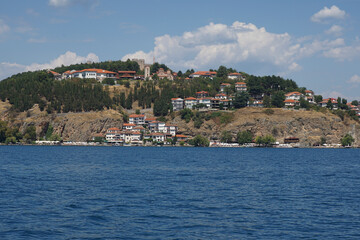 Fototapeta premium Lake Ohrid with The Church of Saint Clement and Tsar Samuel's Fortress Overlooking the Historic City of Ohrid in North Macedonia
