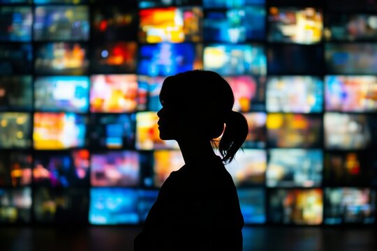 Silhouette of a person against abstract screens showcasing digital media and modern multitasking - Powered by Adobe