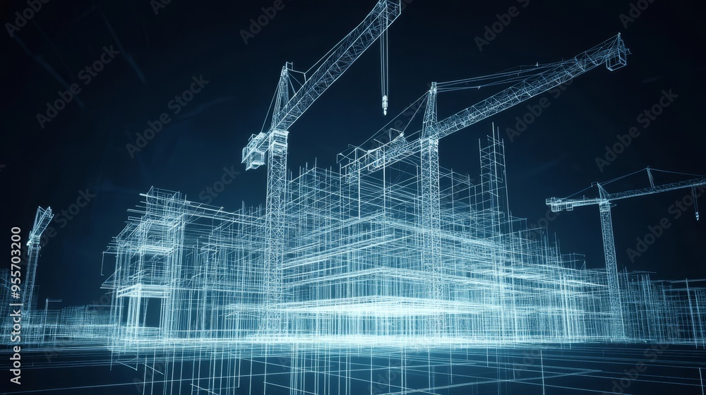 Poster digital blueprint of a building under construction with cranes symbolizing modern architecture