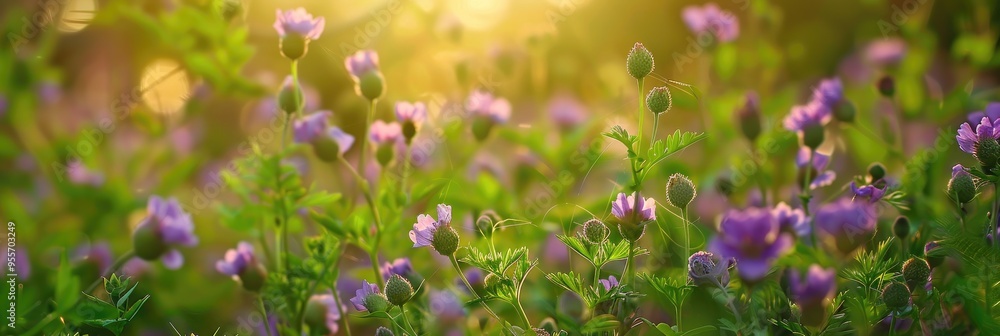 Wall mural purple false saw wort wildflower in a lush israeli meadow with shallow depth of field and copy space