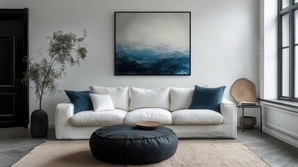 minimalist scandinavian living room crisp white walls modern white sofa contrasts sleek black coffee table large abstract art poster adds pop of color
