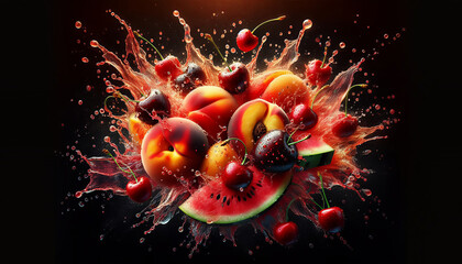 A vibrant explosion of different fruits and juices against a dark background, capturing a dynamic and colourful moment.
