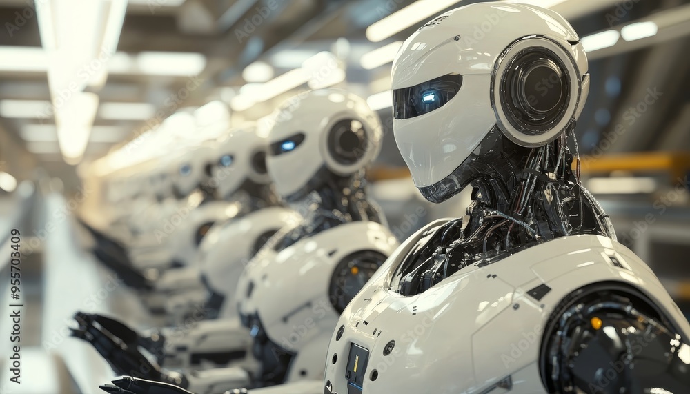 Poster robots collaborating in a futuristic factory to boost productivity and ensure safety