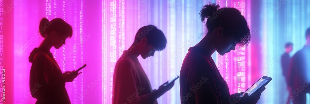 Aufkleber individuals with bowed heads check their smartphones while surrounded by digital numbers, conveying 