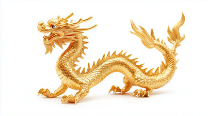 Złoty chiński smok wyróżniający się na czystym, białym tle. Jego bogato zdobione detale i tradycyjny wygląd nadają mu królewski i dostojny charakter.