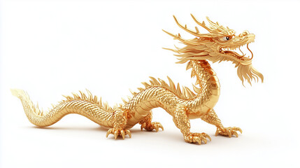 Złoty chiński smok wyróżniający się na czystym, białym tle. Jego bogato zdobione detale i tradycyjny wygląd nadają mu królewski i dostojny charakter.