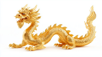 Złoty chiński smok wyróżniający się na czystym, białym tle. Jego bogato zdobione detale i tradycyjny wygląd nadają mu królewski i dostojny charakter.
