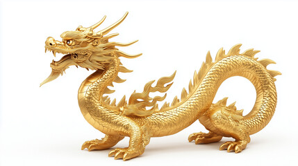 Złoty chiński smok wyróżniający się na czystym, białym tle. Jego bogato zdobione detale i tradycyjny wygląd nadają mu królewski i dostojny charakter.