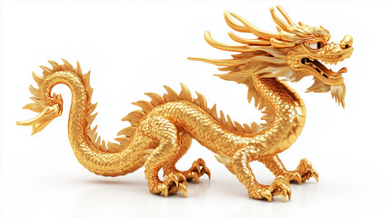 Fototapeta premium Złoty chiński smok wyróżniający się na czystym, białym tle. Jego bogato zdobione detale i tradycyjny wygląd nadają mu królewski i dostojny charakter.