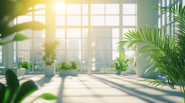 Stylowe biuro z dużymi oknami i zielonymi roślinami, kt&oacute;re wprowadzają naturalne elementy do jasnej, przestronnej przestrzeni. Czystość i elegancja wnętrza tworzą inspirującą atmosferę pracy.
