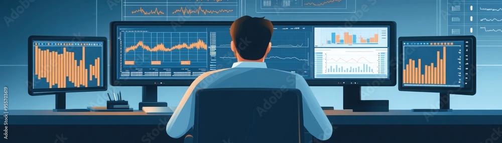 Aufkleber a professional analyzing data on multiple monitors in a modern office environment, showcasing focus 