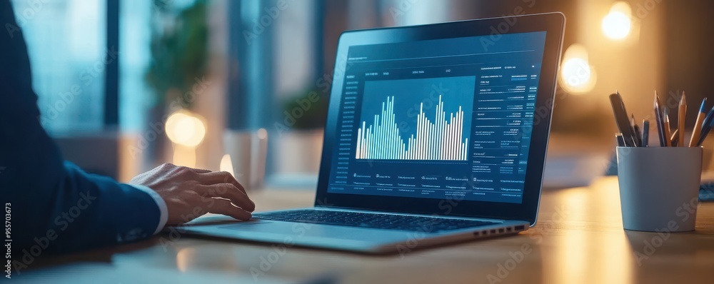 Poster a professional workspace featuring a laptop displaying data analytics and charts, ideal for business