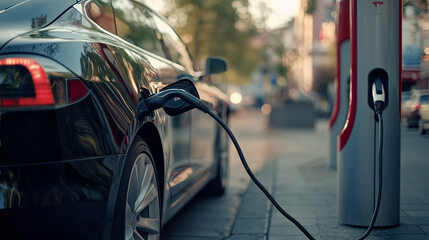 Elektryczny pojazd przy stacji ładowania z wpiętym kablem zasilającym. Widok ten ukazuje nowoczesne podejście do zasilania pojazdów elektrycznych i wygodę korzystania z stacji ładowania.