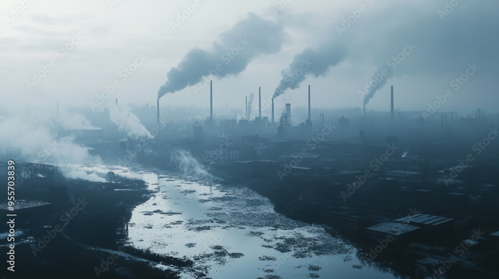 Poster a dense layer of smog envelops a city skyline, with factories silhouetted against the horizon and pl