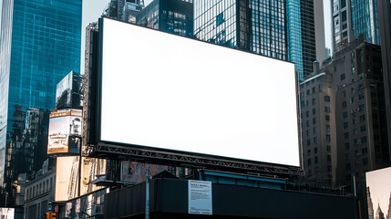 Tablica reklamowa na Times Square w Nowym Jorku czeka na nową treść. W tle widać neonowe światła i tętniący życiem miejski krajobraz.