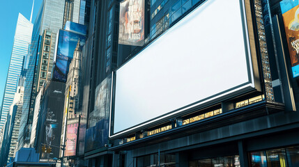Tablica reklamowa na Times Square w Nowym Jorku czeka na nową treść. W tle widać neonowe światła i tętniący życiem miejski krajobraz.