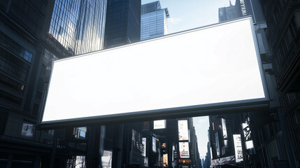 Tablica reklamowa na Times Square w Nowym Jorku czeka na nową treść. W tle widać neonowe światła i tętniący życiem miejski krajobraz.