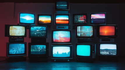 Grupa telewizorów wyświetlających różnorodne obrazy i multimedia. Ekrany pokazują różne treści, takie jak filmy, zdjęcia i grafiki, tworząc kolorowy i wieloaspektowy widok.