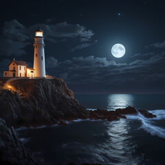 lighthouse tower on the seafront at night