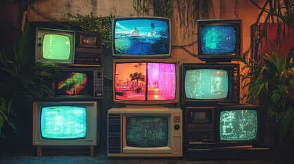 Grupa telewizorów wyświetlających różnorodne obrazy i multimedia. Ekrany pokazują różne treści, takie jak filmy, zdjęcia i grafiki, tworząc kolorowy i wieloaspektowy widok.