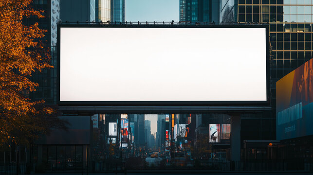 Tablica reklamowa na Times Square w Nowym Jorku czeka na nową treść. W tle widać neonowe światła i tętniący życiem miejski krajobraz.