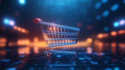 Koszyk zakupowy przedstawiony symbolizujący funkcję e-commerce i działalność biznesową w internecie.