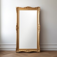 A gold mirror reflects light in an empty room adorned with pristine white walls, creating a sense of spaciousness and elegance.