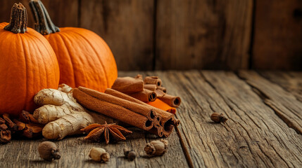 Fototapeta premium pumpkin spice background. pumpkin spice, Warm Autumn Seasonal Pumpkin Spice Featuring Cinnamon, Nutmeg, ginger, allspice, pumpkin background, spice background on wooden background. Top view, copy s