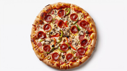 Top view of veg pepperoni pizza isolated on white background