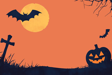 Fototapeta premium Halloween pumpkins jack lantern, bat, tree branch and on night background with full Moon, Silhouette illustration. Orange and black color element. Free space for text