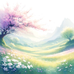 Fototapeta premium A field of flowers with a tree. The flowers are in full bloom, creating a colorful scene. The overall atmosphere of the scene is calm and peaceful, evoking a sense of tranquility and beauty.