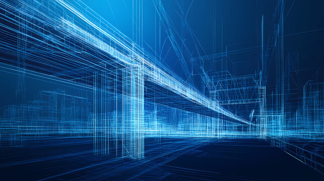 A digital blue print of a modern bridge. Bridge. Illustration