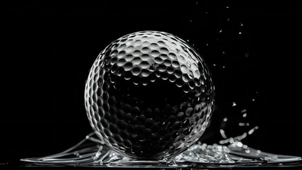 Golf ball close-up on a black background of broken glass. Textured background made from a used golf ball. White golf ball on a black background. Banner. Close up