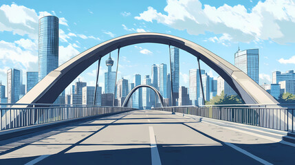 Obraz premium Arched modern bridge with city skyline background. Bridge. Illustration