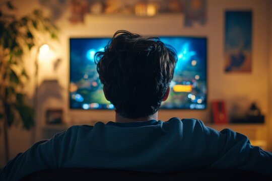 Gamer engrossed in online gameplay at home using a high performance personal computer