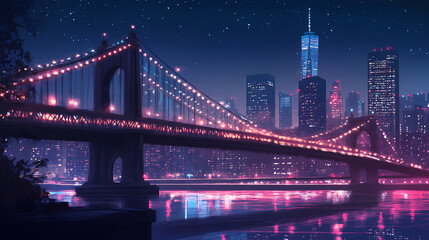 Naklejka premium City bridge at night. Bridge. Illustration