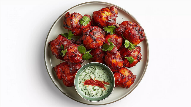 Spicy chicken tikka with mint chutney ini plate isolated on white background 