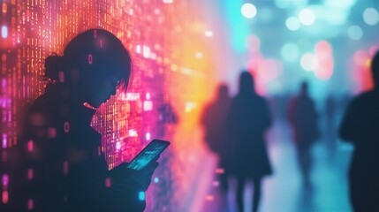 Individuals bow their heads, absorbed in their smartphones, surrounded by swirling digital numbers highlighting virtual isolation. Generative AI