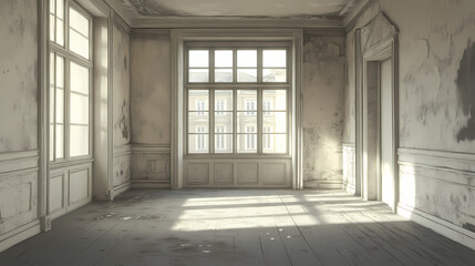 Empty abandoned room with no furniture, created with generative ai technology. Abandoned. Illustration
