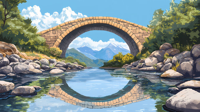 Landscape portrait under the arch bridge with river reflection and clear water. Bridge. Illustration