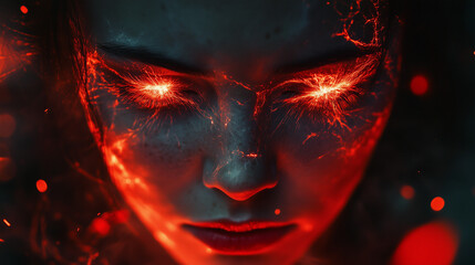 A close-up of a woman's face with glowing red eyes, exuding an intense and powerful energy, symbolizing inner fire and determination