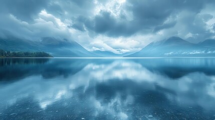 Fototapeta premium moody seascape with dramatic cloudy sky calm waters reflect the brooding atmosphere while distant mountains loom on the horizon creating a sense of isolation and raw natural beauty