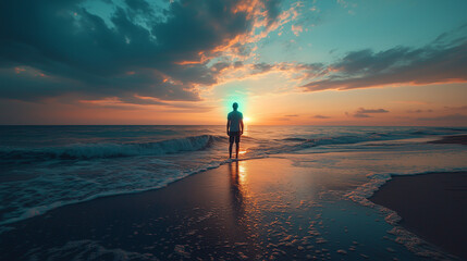 Fototapeta premium A man stands at the edge of the ocean, gazing at the sunset, symbolizing reflection, solitude, and connection with nature