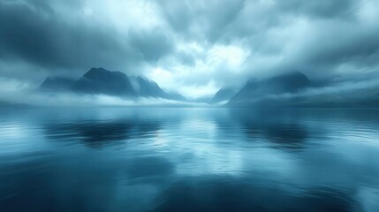Fototapeta premium moody seascape with dramatic cloudy sky calm waters reflect the brooding atmosphere while distant mountains loom on the horizon creating a sense of isolation and raw natural beauty