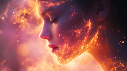 A close-up of a woman's face illuminated by fiery sparks, capturing a moment of intense focus and inner strength