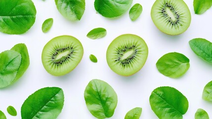 Fresh kiwi halves surrounded by green leaves on a white background.