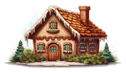 Rustic Gingerbread House Icon - pixel art icon of a rustic gingerbread house with decorations isolated. Graphic art illustration