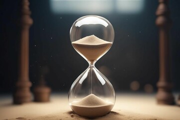 Hourglass on the background of a dark room. Close-up of an hourglass with golden sand and copy space on a dark background. Sands of Time. Hourglass. Flow of Time. Hourglass. Time concept.
